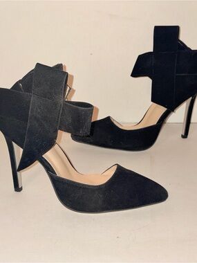 Black Velvet Like Pointed Toe Bow Ankle Strap Sexy D'Orsay Stiletto Heels